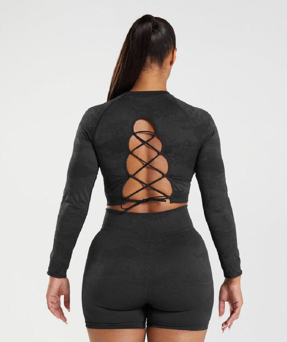 Camisa Recortada Gymshark Adapt Camo Seamless Encaje Up Back Mujer Negros Negros Grises | MX_4406NWY