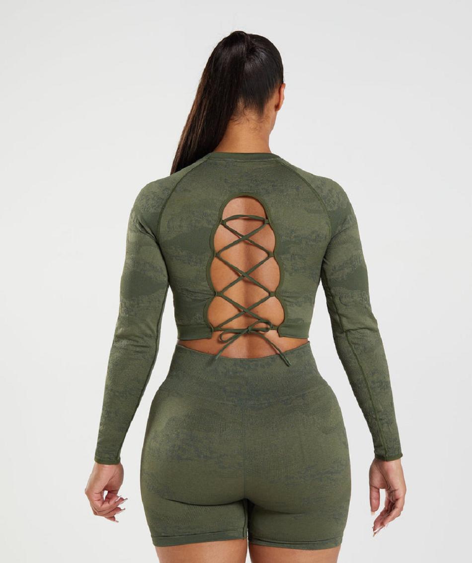 Camisa Recortada Gymshark Adapt Camo Seamless Encaje Up Back Mujer Verde Oliva Verde Oliva | MX_4460QMA