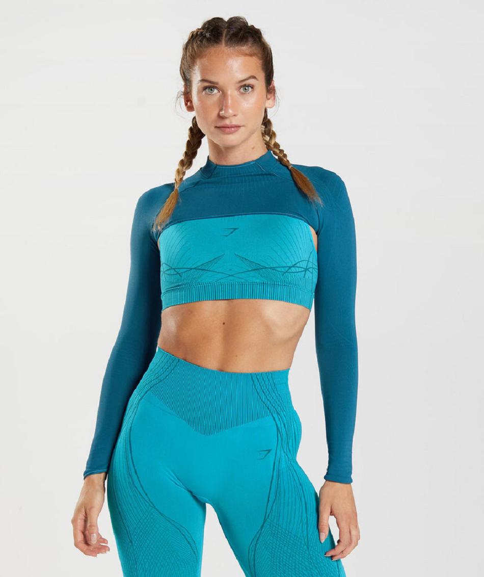 Camisa Recortada Gymshark Apex Seamless Shrug Mujer Azules Grises Oscuro Azules | MX_4493OKI