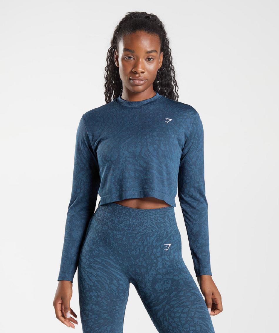 Long Sleeve Gymshark Adapt Animal Seamless Mujer Azul Marino | MX_4275NWY