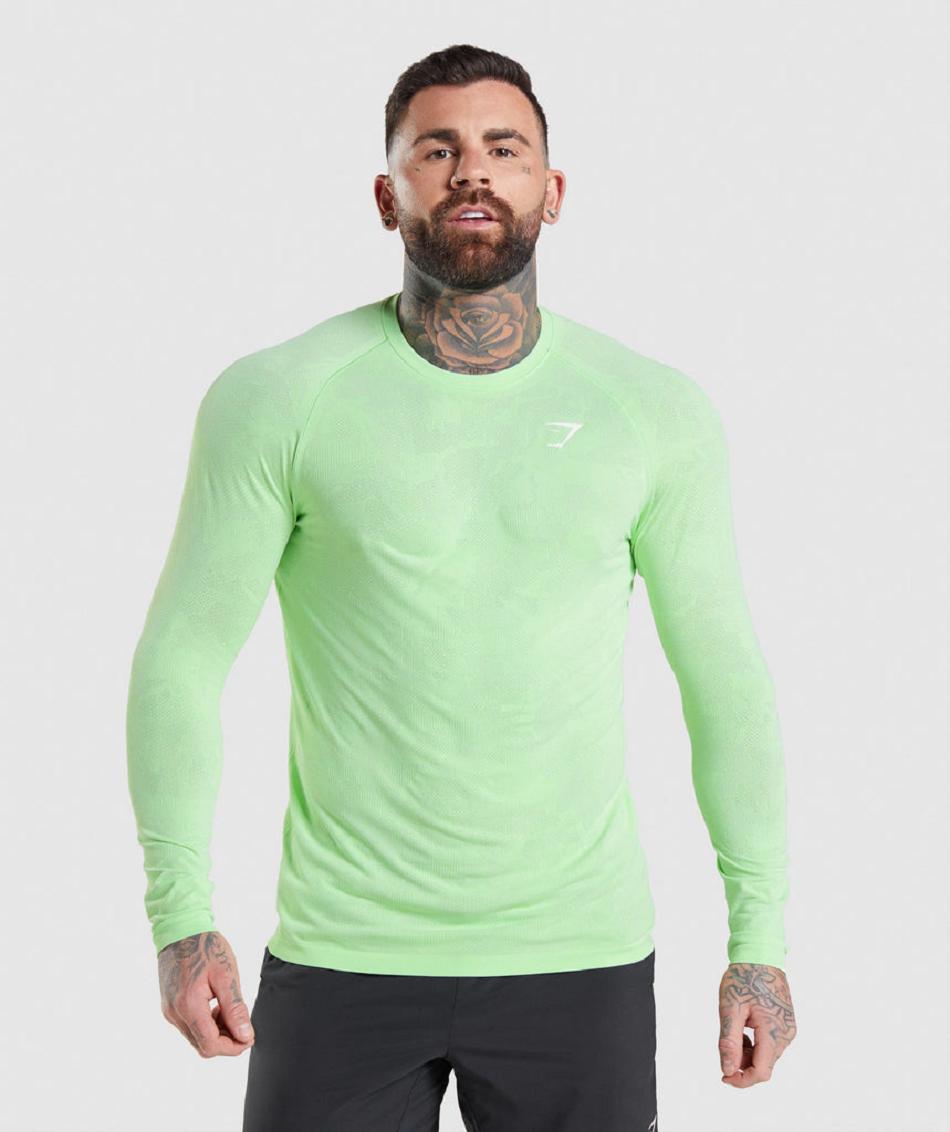 Long Sleeve Gymshark Geo Seamless Hombre Verdes Blancos | MX_3368WNB