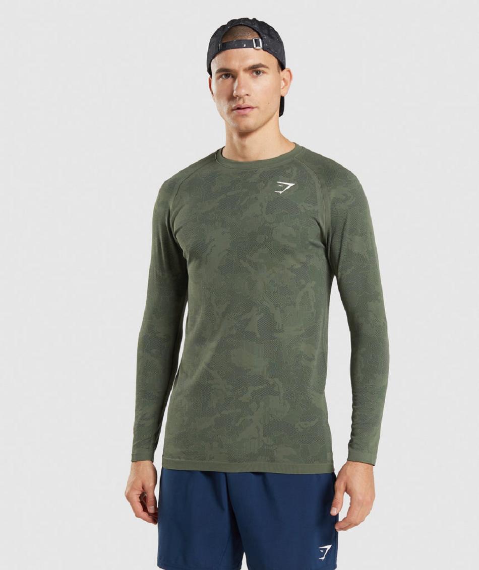 Long Sleeve Gymshark Geo Seamless Hombre Verde Oliva Negros | MX_3393QMA