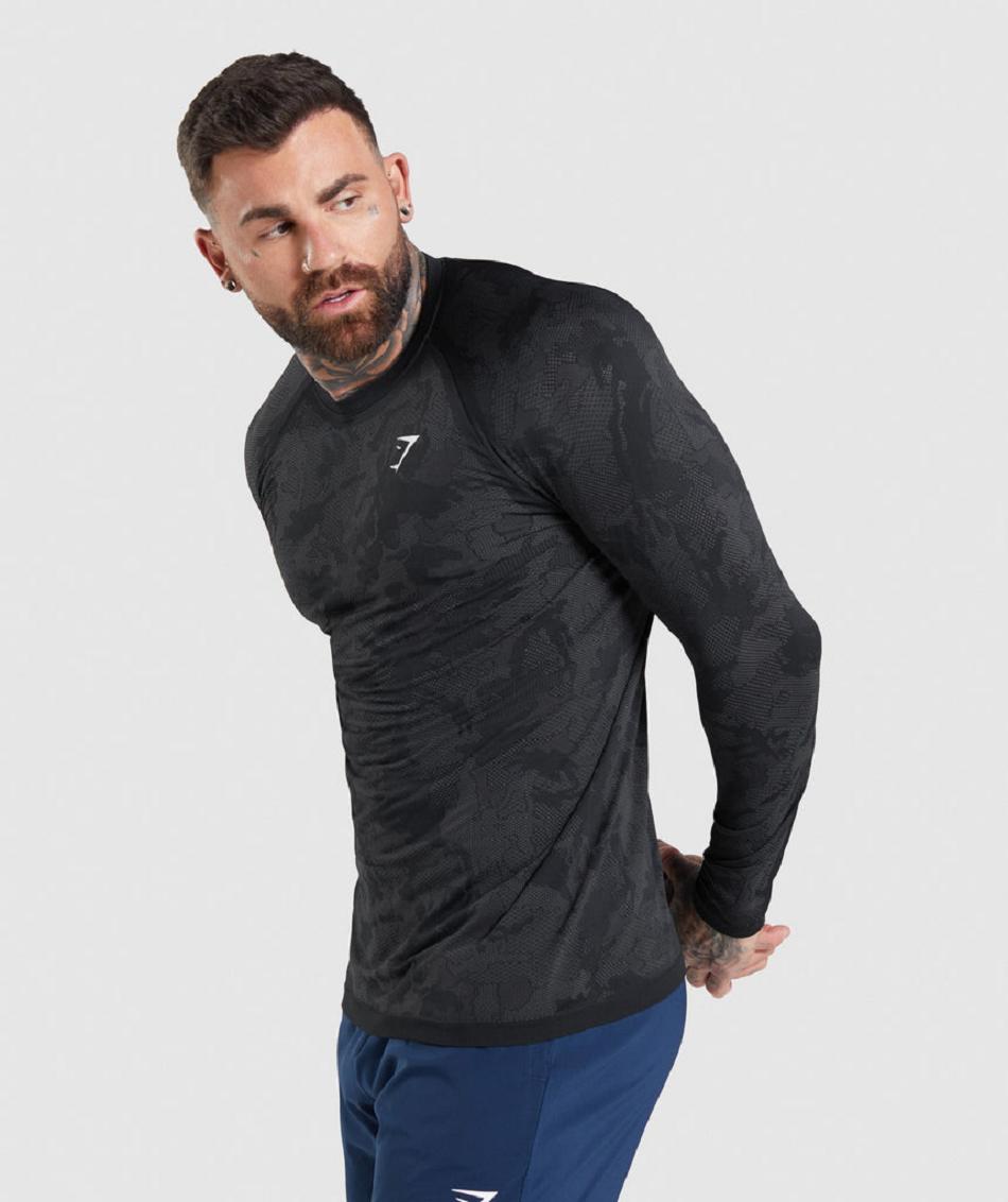 Long Sleeve Gymshark Geo Seamless Hombre Negros Grises | MX_3428JPQ