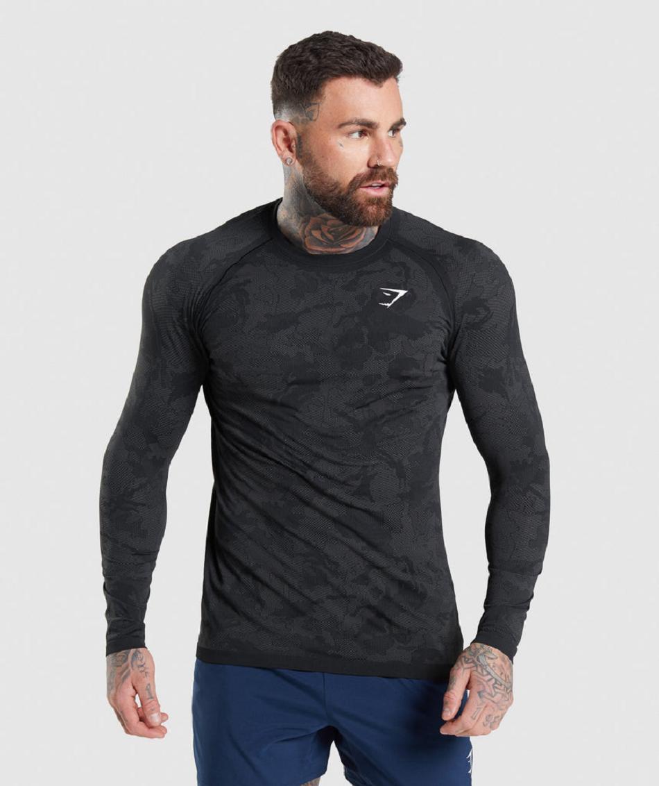 Long Sleeve Gymshark Geo Seamless Hombre Negros Grises | MX_3428JPQ