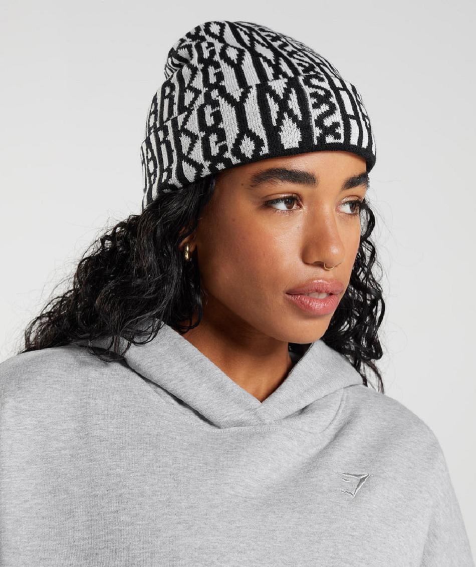 Sombreros Gymshark Reversable Jacquard Beanie Accessories Negros Blancos | MX_2833OKI